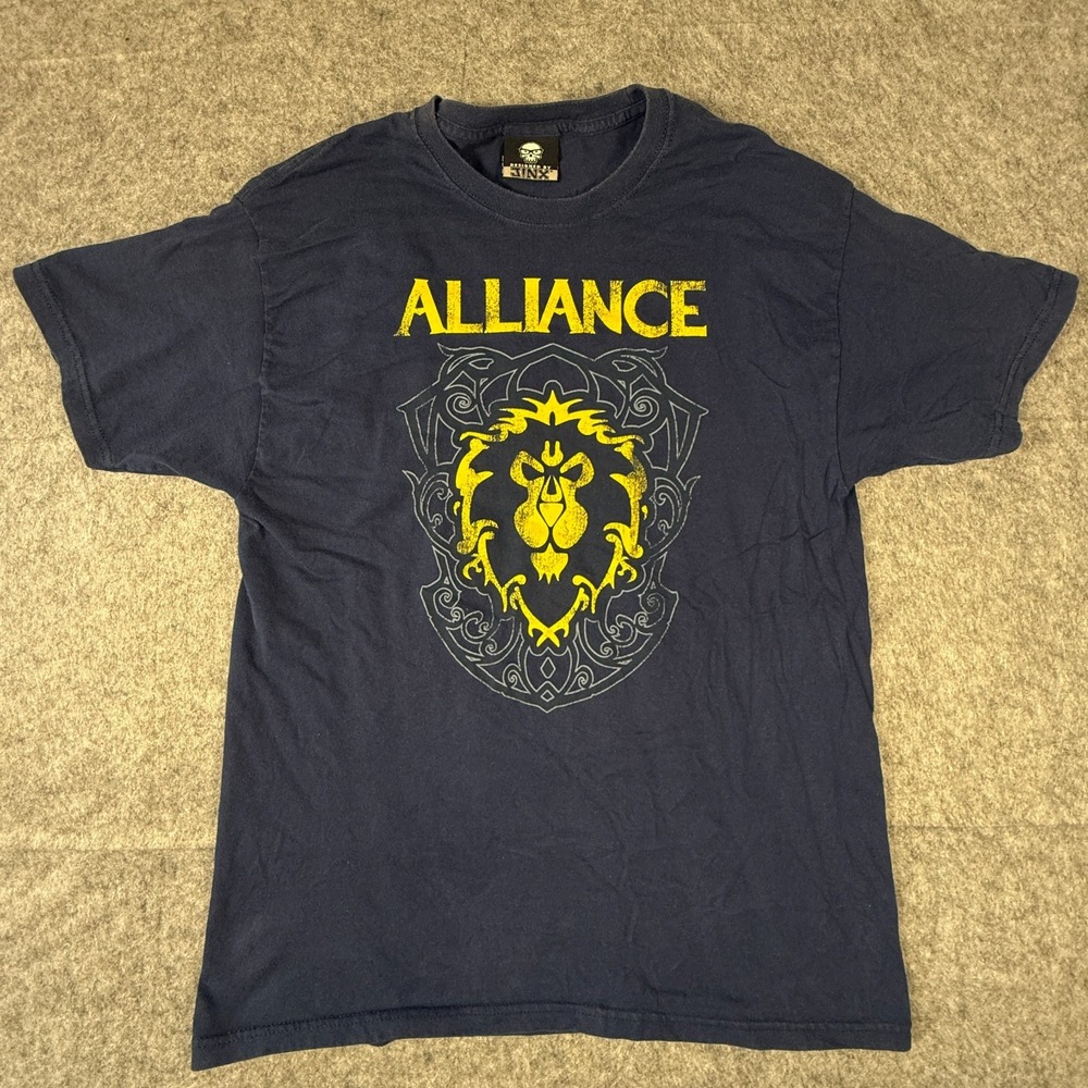 Vintage J!NX World of Warcraft T-Shirt Mens M Navy Blue Alliance Lion Crest Grap